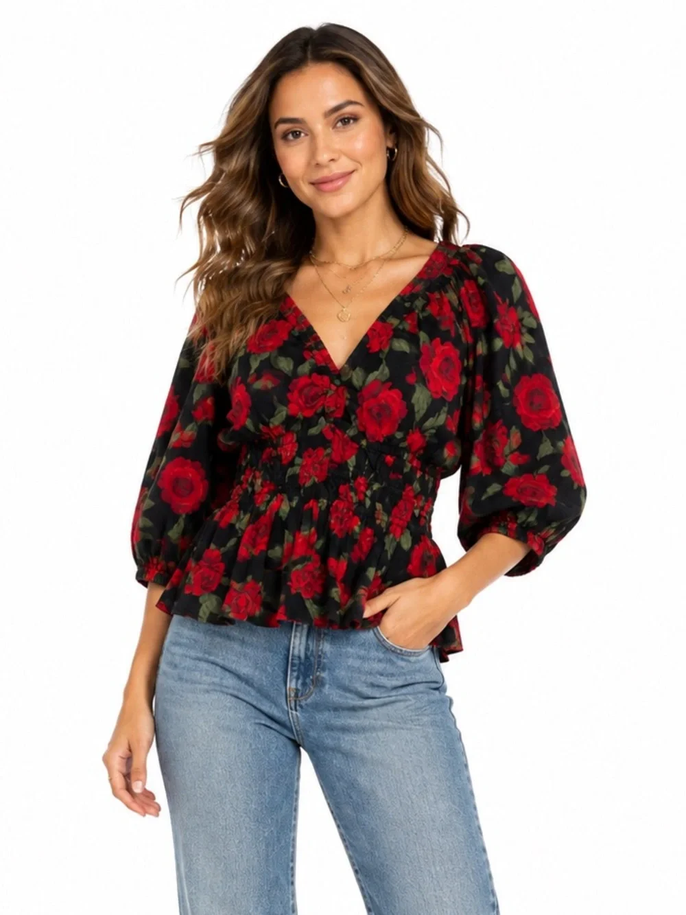 Old Navy Black Red Rose Floral Peplum Blouse Women’s Large Cottagecore Romantic